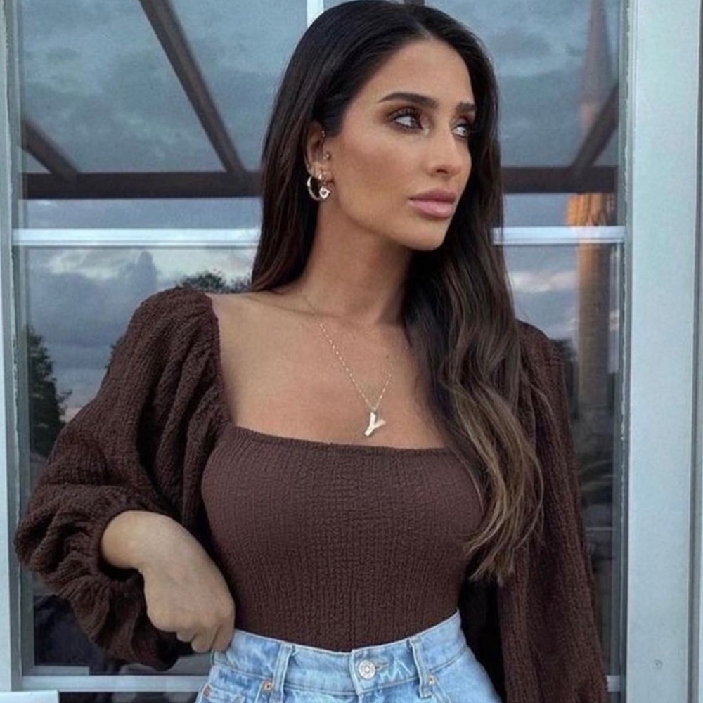 Zara Brown Textured Square-Neck Bodysuit